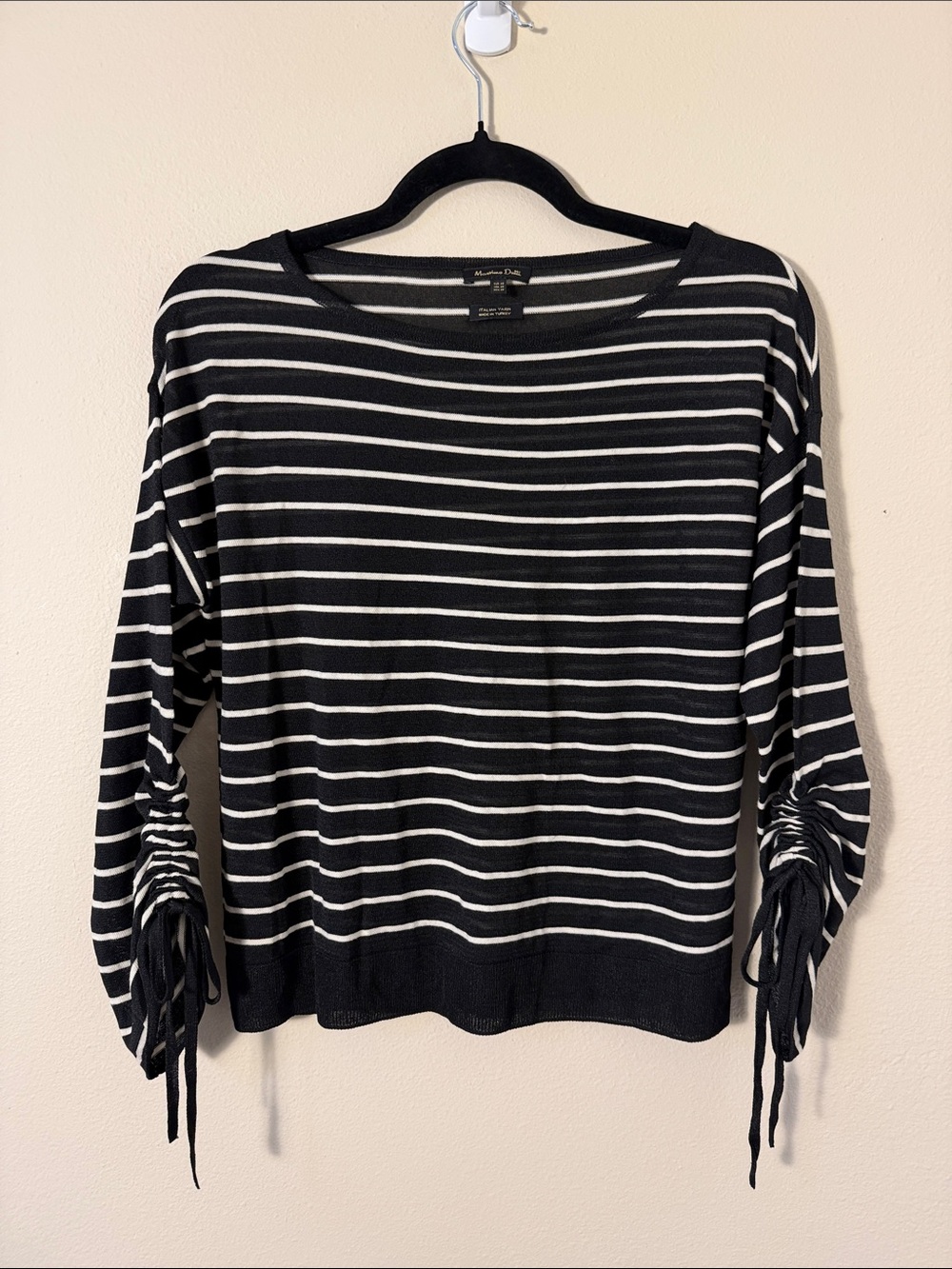 Massimo Dutti Black White Striped Long Sleeve Top Ruched Tie Sleeves Size XS